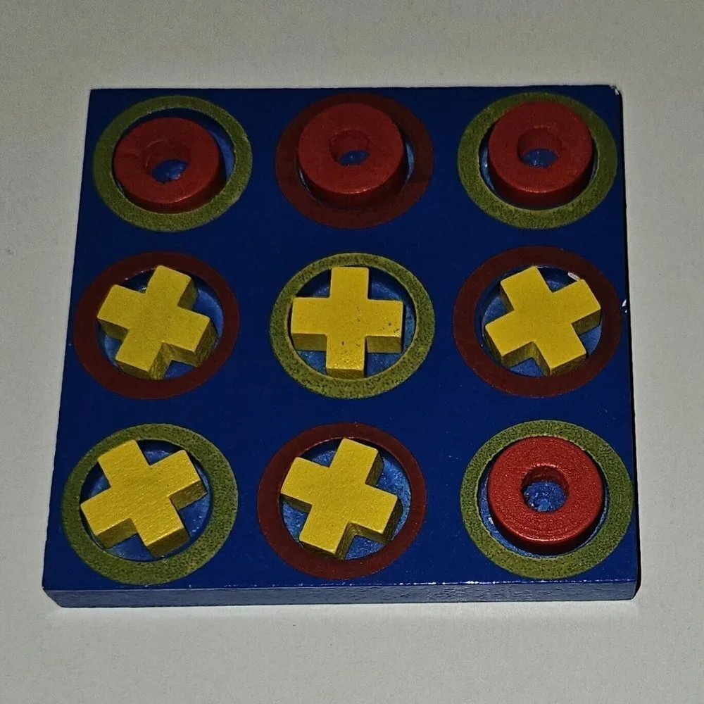 Small Wooden Tic Tac Toe Game Blue Red Yellow Devrian Travel COMPLETE